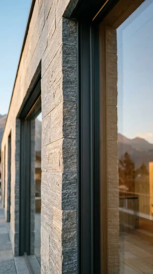 Detail einer Schweizer Natursteinfassade mit Fenster und Bergreflexion